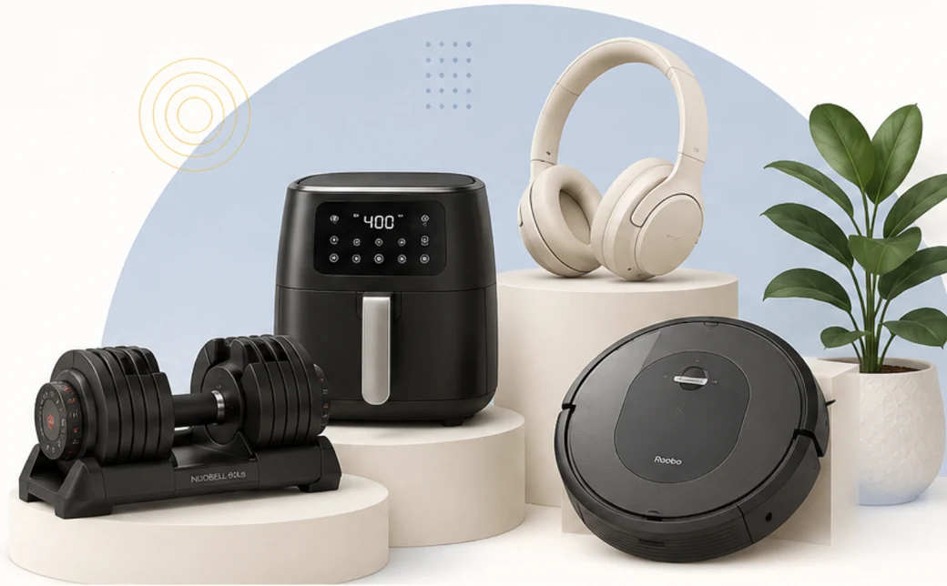 Products we compare — an air fryer, adjustable dumbbell, headphones and a robot vacuum arranged on display pedestals