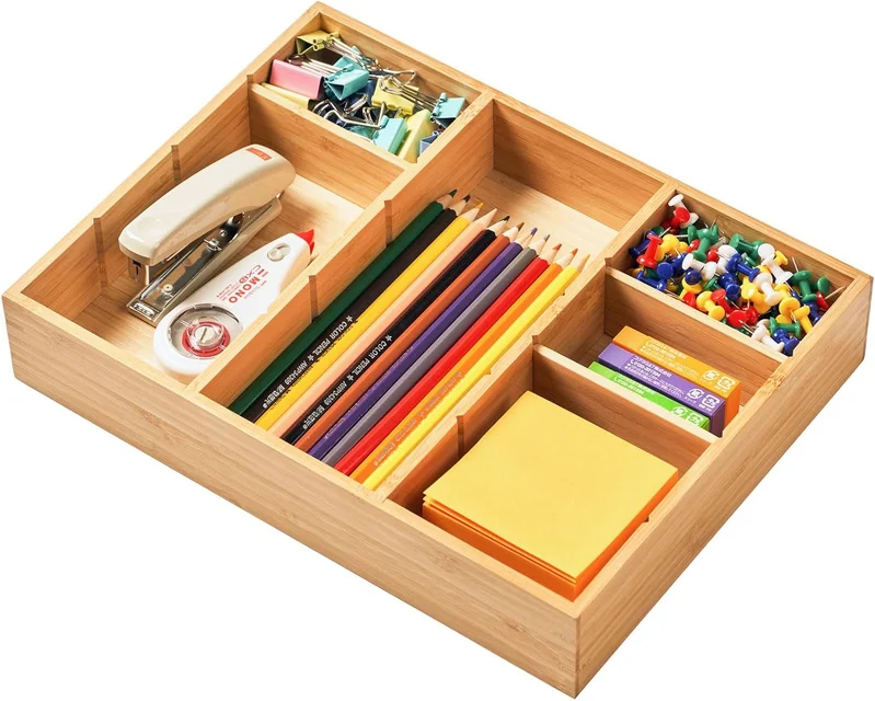 Umilife Bamboo Desk Drawer Organizer with Adjustable Dividers